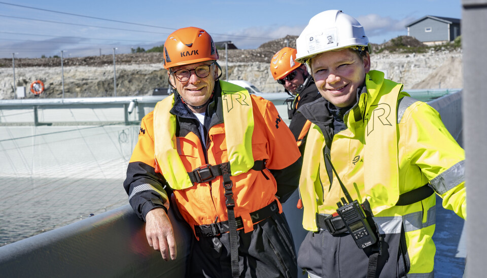 Roger Mosand (styreleder) og Martin Rasmussen (CEO) i Andfjord Salmon under dagens smoltutsett.