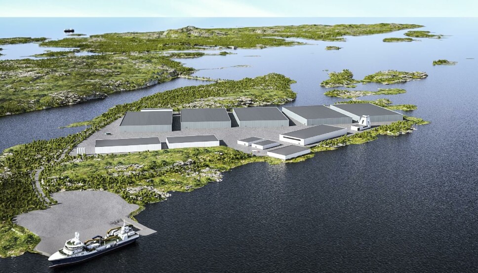 Illustrasjon av landbasert matfisk- og smoltanlegg med tilhørende driftsbygninger, samt anlegg for slakteri og videreforedling.