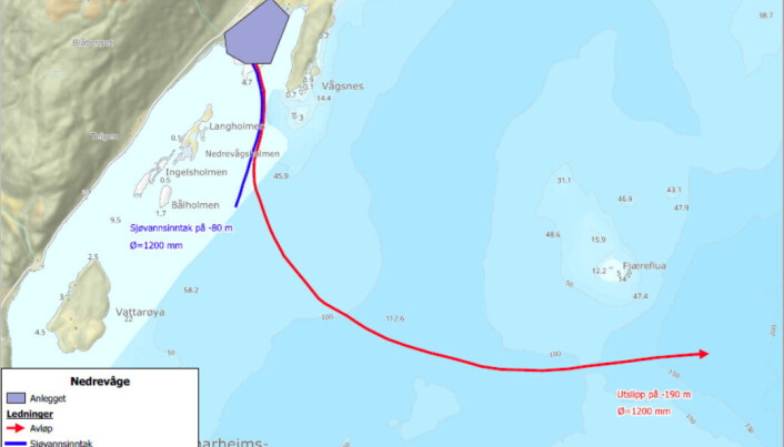 Anlegget vil hente vann fra 80 meters dyp øst for Bålholmen. Utslippsledningen er planlagt lagt ut på 190 meter dyp i overgangen mellom Onarheimsfjorden og Kvinnheradfjorden. Anlegget vil hente vann fra 80 meters dyp øst for Bålholmen. Utslippsledningen er planlagt lagt ut på 190 meter dyp i overgangen mellom Onarheimsfjorden og Kvinnheradfjorden.