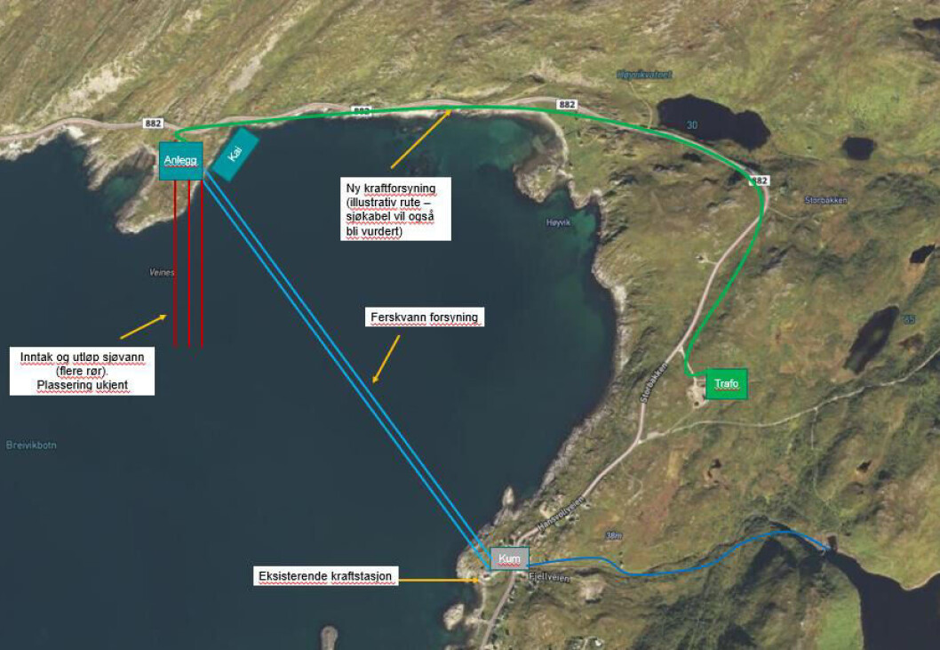 Planskisse over Cermaqs anlegg på Veines. Planskisse over Cermaqs anlegg på Veines.