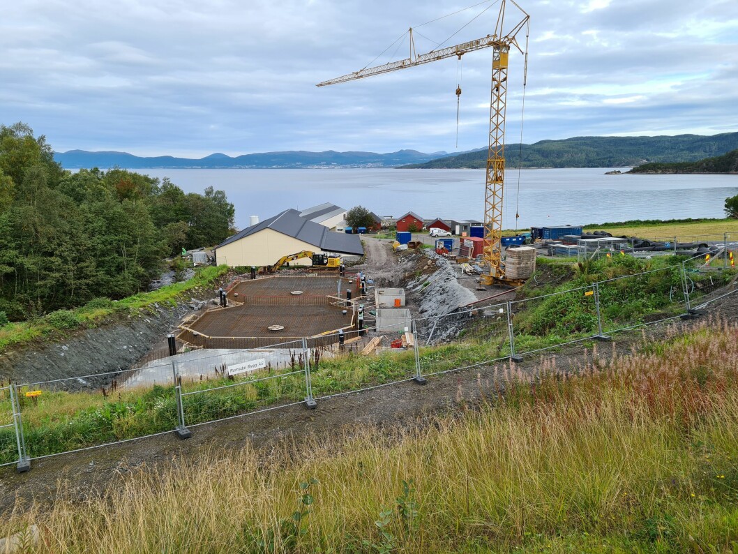 Bilde fra byggingen av karene til Hjelvik Matfisk. I bakgrunnen skimtes Molde.