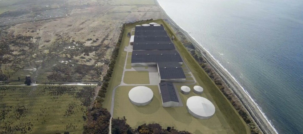 En illustrasjon av FishFroms foreslåtte 3600 tonn store RAS-lakseanlegg ved Tayinloan på Kintyre-halvøya vest i Skottland.