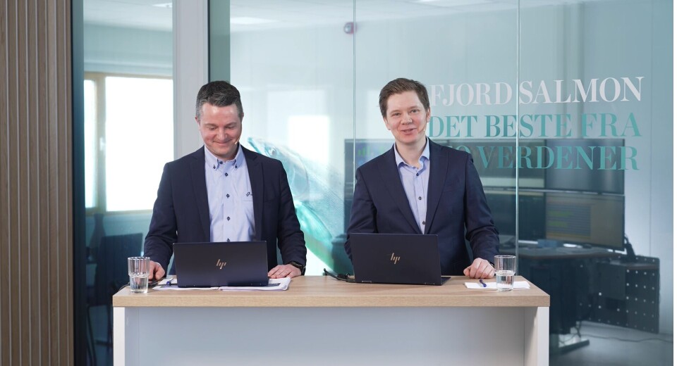 God stemning under fremleggelsen av Q4-status for Andfjord Salmon. - Det er artig å være i Andfjord Salmon for tiden, vi kunne ikke håpet på en bedre start, sa CFO Bjarte Martinsen og CEO Martin Rasmussen. God stemning under fremleggelsen av Q4-status for Andfjord Salmon. - Det er artig å være i Andfjord Salmon for tiden, vi kunne ikke håpet på en bedre start, sa CFO Bjarte Martinsen og CEO Martin Rasmussen.