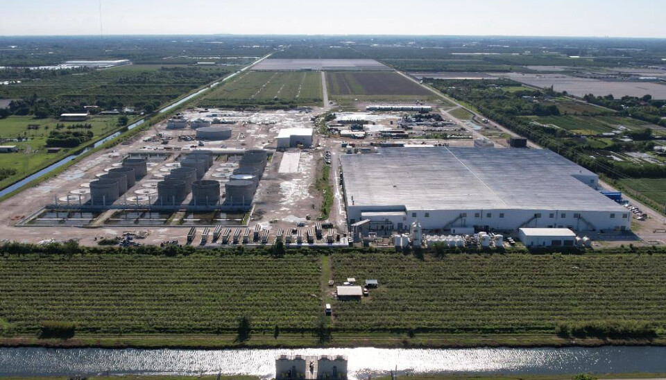 Det nye lånet skal sikre driften frem til Atlantic Sapphire får lønnsomhet i fase 1-produksjonen (til høyre). Byggingen av fase 2 (til venstre på bildet) er satt på pause.