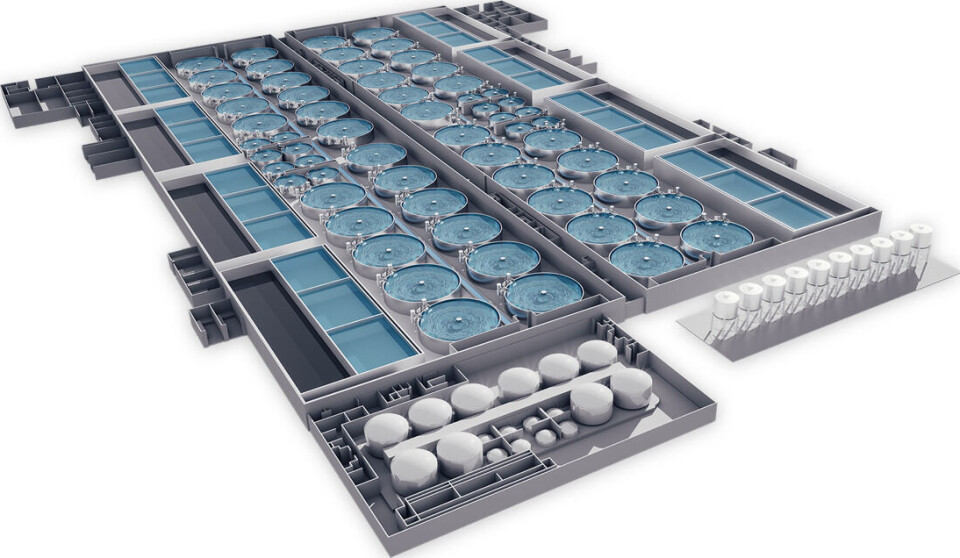 Dette kan nå søkes om. I alle fall om man resirkulerer minst 95 % av vannet. Illustrasjonene viser AquaMaofs planlagte leveranse til Kviduls anlegg på Brennholmen.
