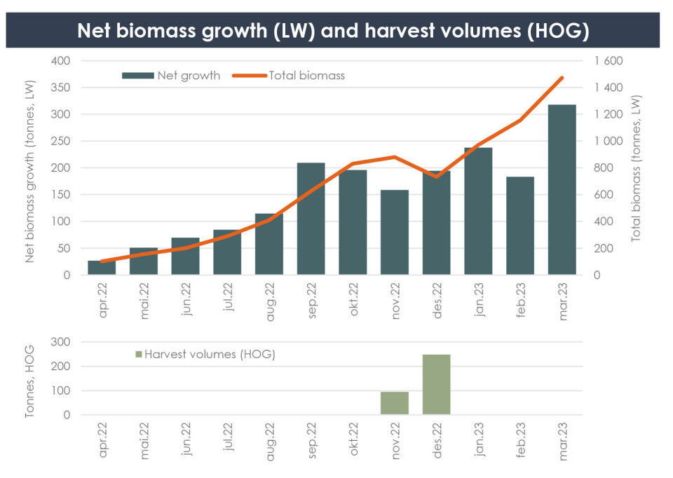 Selskapet hadde tidenes høye biomasseproduksjon i mars med om lag 320 tonn i netto biomasseøkning (~740 tonn totalt for Q1). Stående biomasse var på nesten 1500 tonn ved utgangen av 1. kvartal. Selskapet hadde tidenes høye biomasseproduksjon i mars med om lag 320 tonn i netto biomasseøkning (~740 tonn totalt for Q1). Stående biomasse var på nesten 1500 tonn ved utgangen av 1. kvartal.