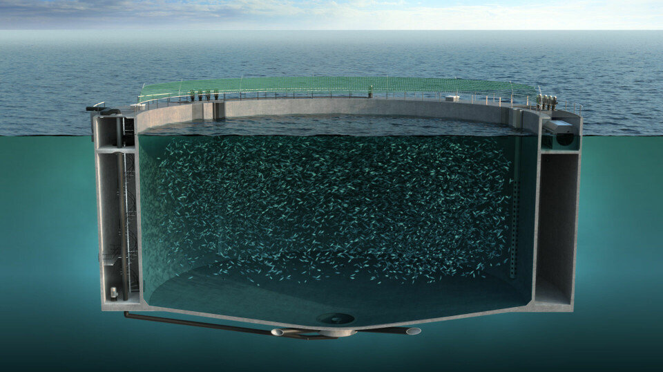 Skisse kommersiell 10 000 kbm og 20 000 kbm lukket flytende betongmerd i sjø.