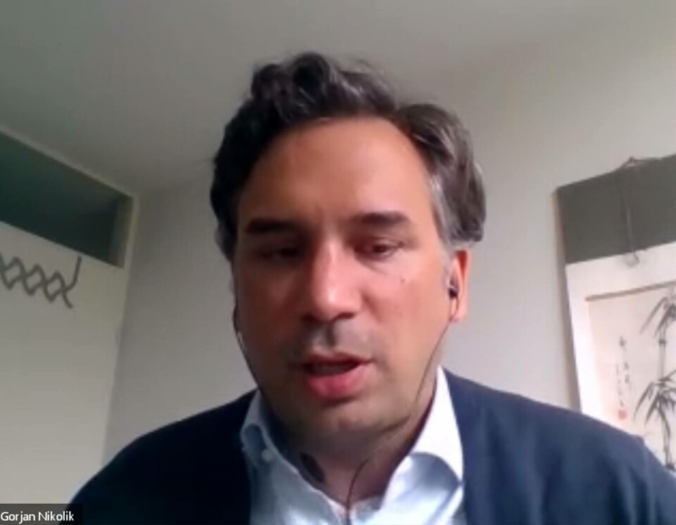 Gorjan Nikolik er sjømatanalytiker i Rabobank. Torsdag tok han for seg lakseprisutviklingen fremover. Screenshot fra Elancos webinar.