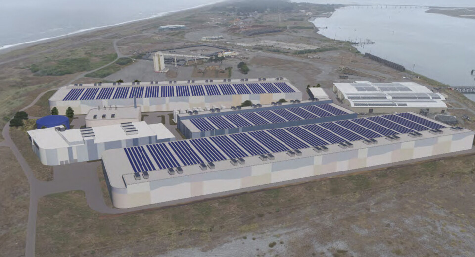 En illustrasjon av Nordic Aquafarms foreslåtte kingfish RAS-anlegg på Samoa-halvøya, California.
