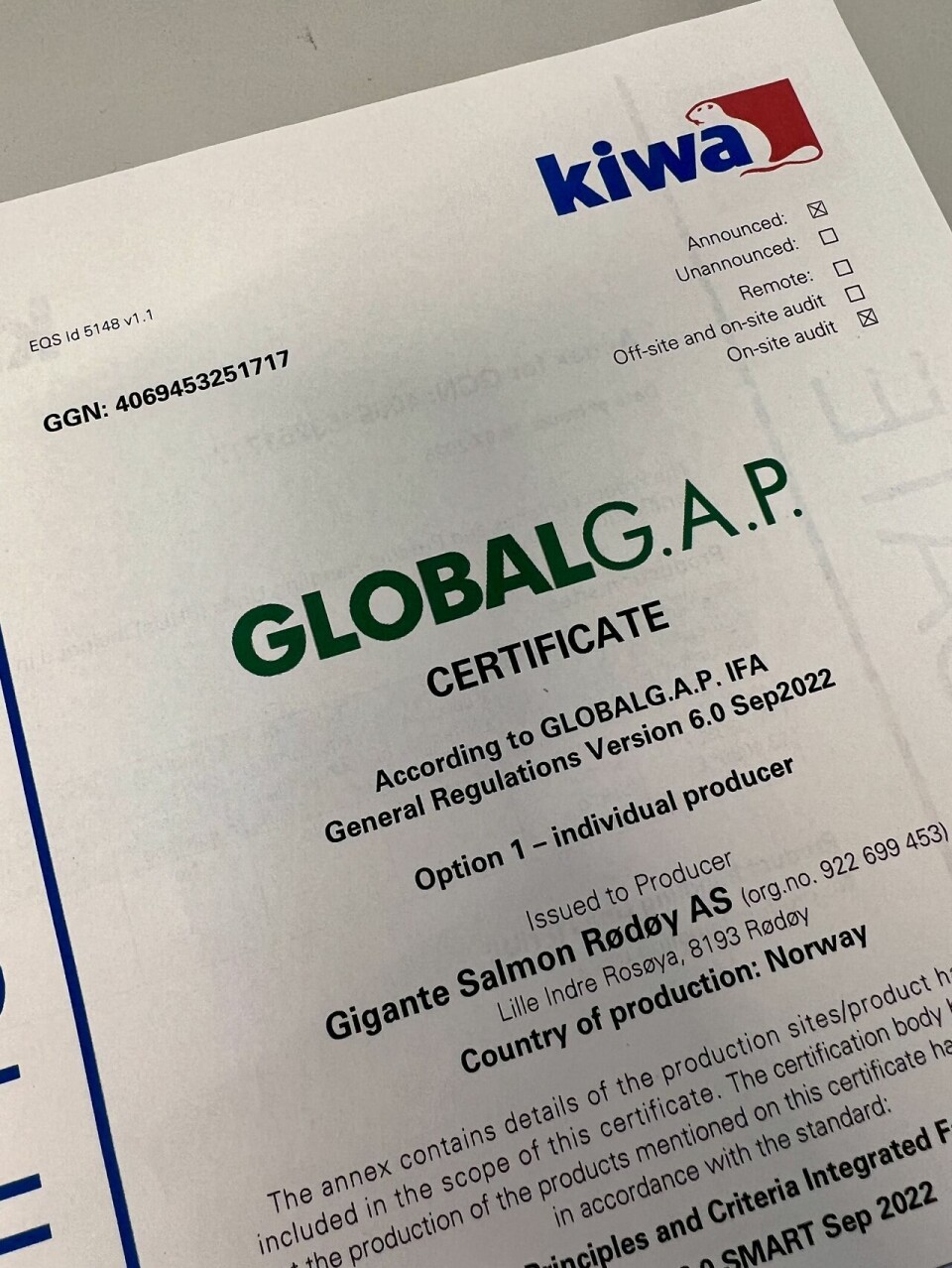 Gigante Salmon har oppnådd sertifisering etter GlobalGAP-standarden.