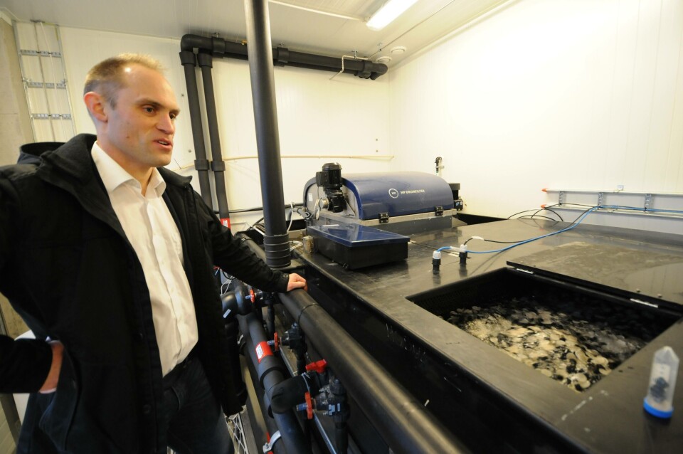 Slik ser hver av de to RAS-anleggene ut. Leder for teknisk avdeling, Yngve Hjertenes har lettet på luken så man ser hjertet av renseanlegget, moving bed-tanken.
