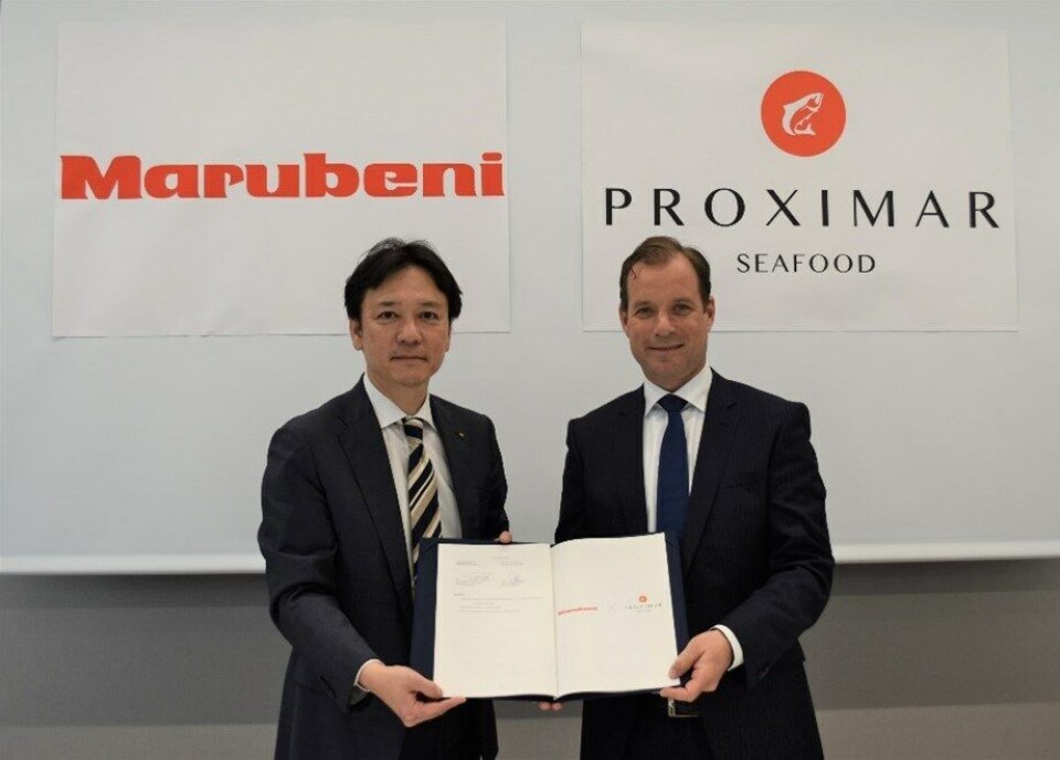 Daglig leder for ferskvareavdelingen i Marubeni, Kazunari Nakamura sammen med Proximar Seafood-sjef Joachim Nielsen. Foto: Proximar Seafood Daglig leder for ferskvareavdelingen i Marubeni, Kazunari Nakamura sammen med Proximar Seafood-sjef Joachim Nielsen. Foto: Proximar Seafood