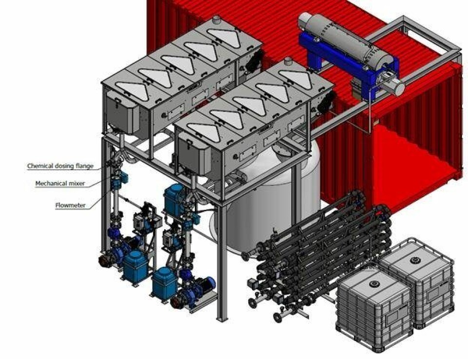 Skisse slamavskillingsanlegget.    Først går slammet over et beltefilter for å øke konsentrasjonen til 5-10%, etterfulgt av en dekantersentrifuge. Skisse: Scanship.