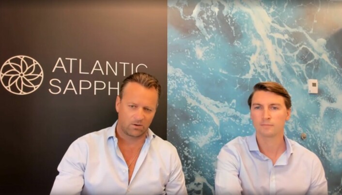 Styreleder og CEO i Miami-avdelingen Johan E. Andreassen og finansdirektør og adm.dir. for morselskapet Atlantic Sapphire ASA, Karl Øystein Øyehaug under torsdagens oppdatering.
